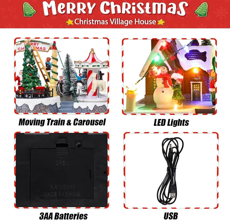 CHONSUN Christmas Village House 6.9 Inch Christmas Decorations Moving Train Carousel USB/3AA Batteries Holiday Snowman Music Village Indoor Lighted Figurines for Room Tabletop Decor - Image 3